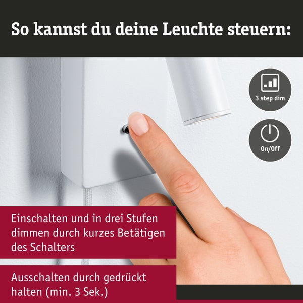 Weiße Wandleuchte mit verstellbarem Spot, Schalter am Gehäuse und Textilkabel mit Stecker.