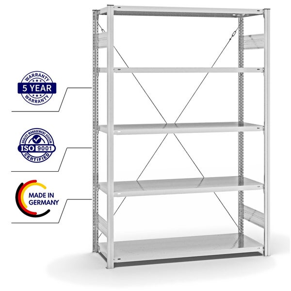 PROREGAL Fachbodenregal Stecksystem T-Profil Medium-Duty Grundregal HxBxT 200 x 130 x 50 cm 5 Ebenen Fachlast 230 kg Einseitig Nutzbar Lichtgrau