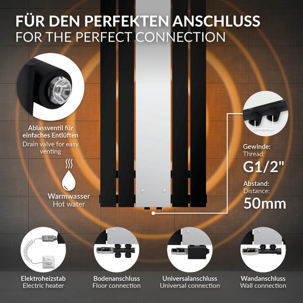 LuxeBath Badheizkörper mit Spiegel Mittelanschluss 1200x450 mm Schwarz Bodenanschlussgarnitur Durchgangsform Multiblock Thermostat Chrom, Paneelheizkörper Vertikal Spiegelheizkörper Glasheizkörper