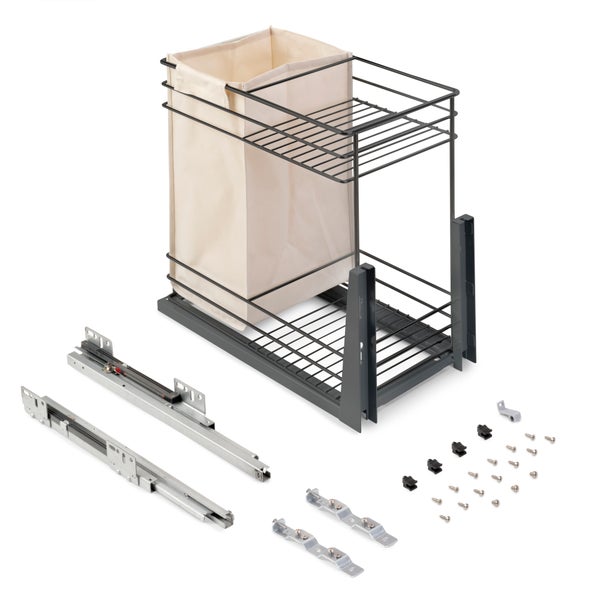 Ausziehbarer Wäschekorb für Schränke mit Metallgestell, Stoffbeutel, Teleskopschienen und Montagematerial.