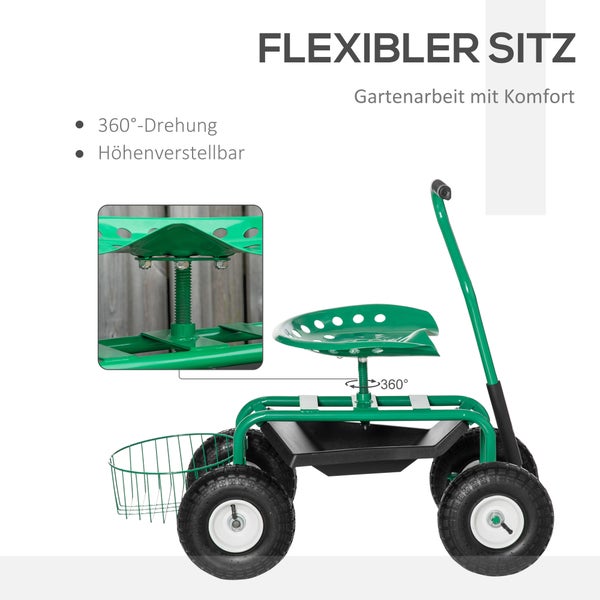 Outsunny Gartenwagen mit Rollsitz, 98cm x 45cm x 87cm, Metall+Gummi, Grün