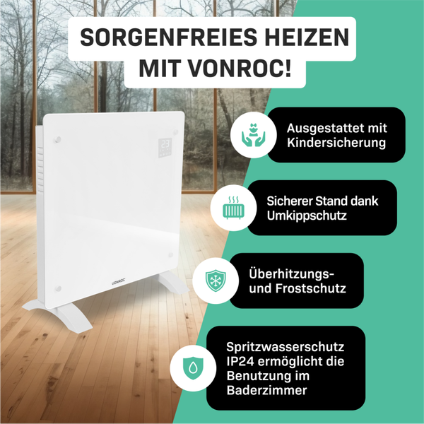 Vonroc Heizkörper mit Kindersicherung, Umkipp-, Überhitzungs- und Frostschutz sowie Spritzwasserschutz IP24