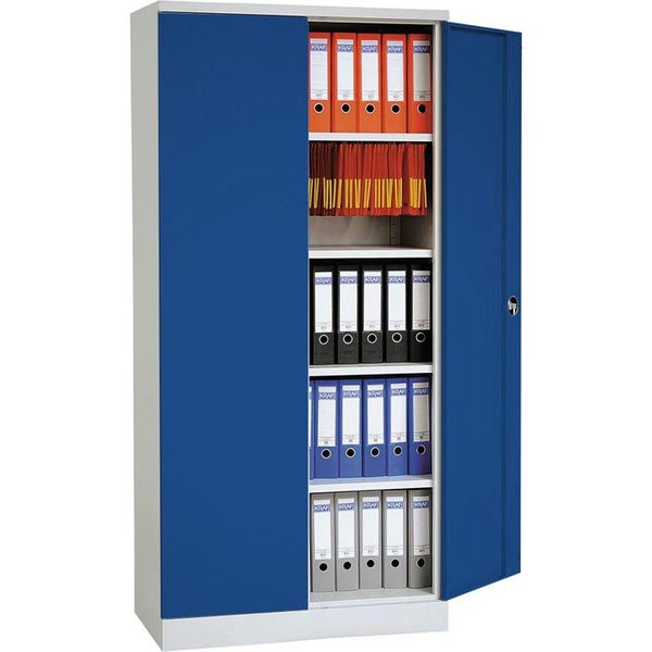 PROREGAL Flügeltürenschrank Badger 4 Fachböden Eurolock Griff Sockel HxBxT 195 x 92 x 42 cm Grau-Blau Lackiert