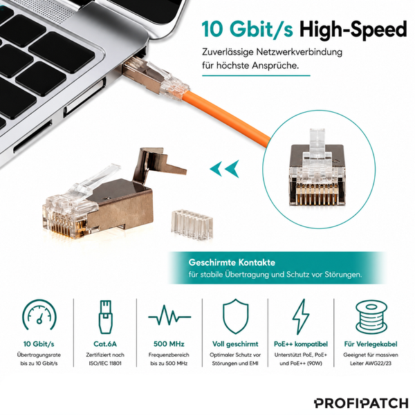 RJ45-Stecker Kategorie 6A, 10 Gigabit pro Sekunde, 500 Megahertz. Geschirmt, Power over Ethernet, für Verlegekabel geeignet. PROFIPATCH Logo.