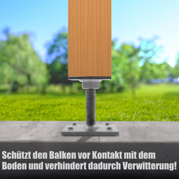 Verstellbarer Pfostenträger aus Metall zur Befestigung eines Holzbalkens auf einem Betonuntergrund für konstruktiven Holzschutz.