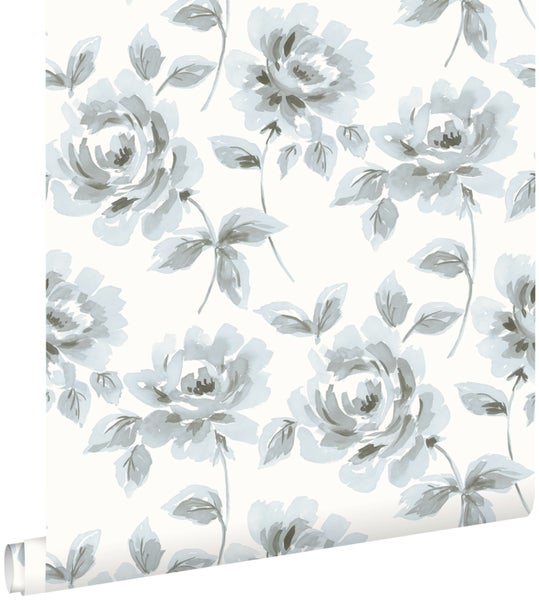 ESTAhome Tapete Aquarell gemalte Rosen Hellblau und Grau - 53 cm x 10,05 m - 128013