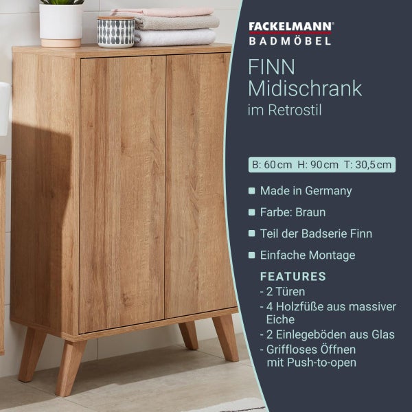 FACKELMANN FINN Badmöbel Set 2 Teile / Doppel-Midischrank mit Push-to-Open fürs Bad / 4 Holzfüße / Badschrank mit 2 Türen / Korpus & Front: Braun hell / Rahmendekor & Füße: Braun hell / Breite: 60 cm