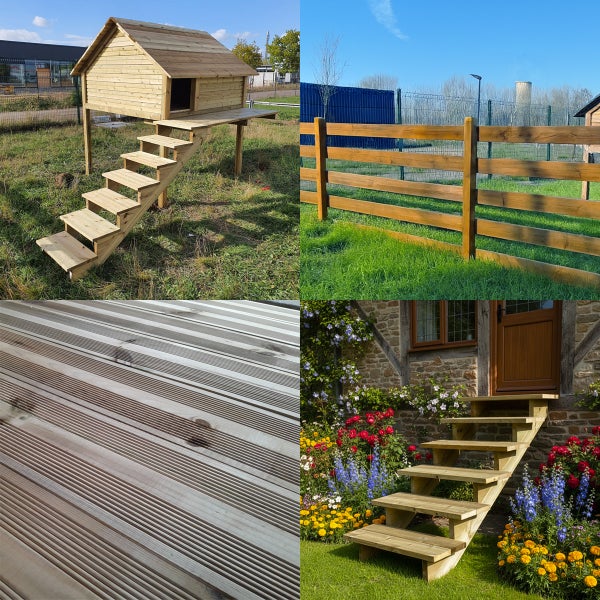 Collage verschiedener Gartenprodukte: Spielhaus mit Treppe, Holzzaun, Terrassendielen und Außentreppe.