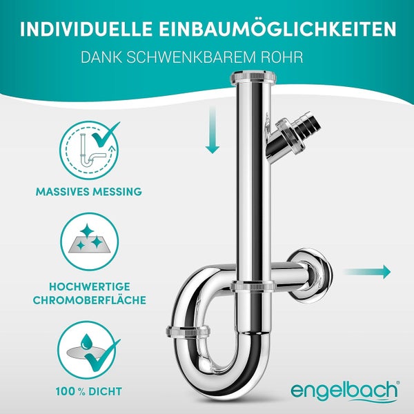 Engelbach® Siphon für Waschbecken - Extra Lang 200mm mit Geräteanschluss -  1 1/4 inkl. Gummimanschette mit Montage-Video - Schwarz