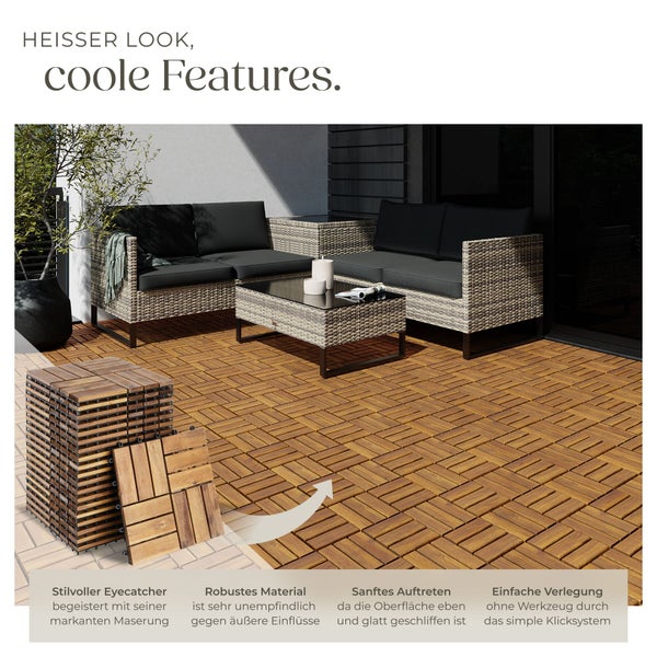 Terrasse mit Holzbodenfliesen aus Akazienholz, die durch ein einfaches Klicksystem ohne Werkzeug verlegt werden, inklusive Gartenmöbel-Set.