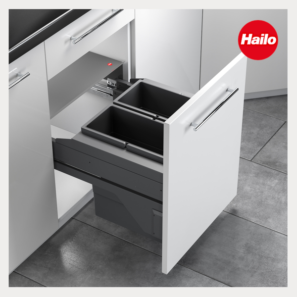 Einbau-Abfalltrennsystem von Hailo mit zwei Mülleimern in einem Küchenunterschrank mit Auszug. Hailo Logo.