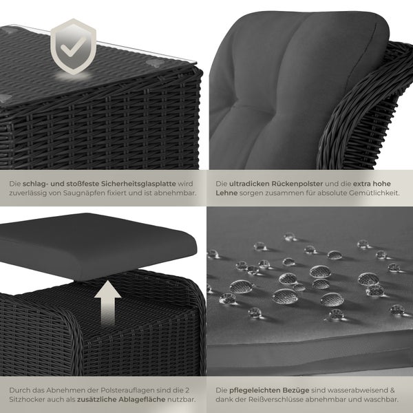 Rattan Sitzgruppe tectake Benissa mit Sicherheitsglasplatte für 2 bis 4 Personen schwarz/grau