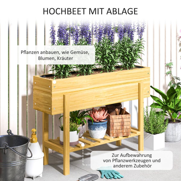 Hochbeet aus Holz mit rosa Blumen, Töpfen und Gartenwerkzeug