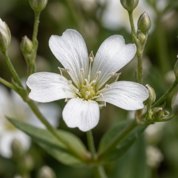 Nahaufnahme einer weißen Sandkraut-Blüte mit fünf Blütenblättern und grünen Knospen.
