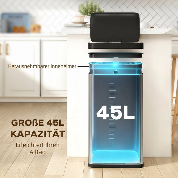 Abfalleimer mit 45 Liter Fassungsvermögen und herausnehmbarem Inneneimer in einer modernen Küche.