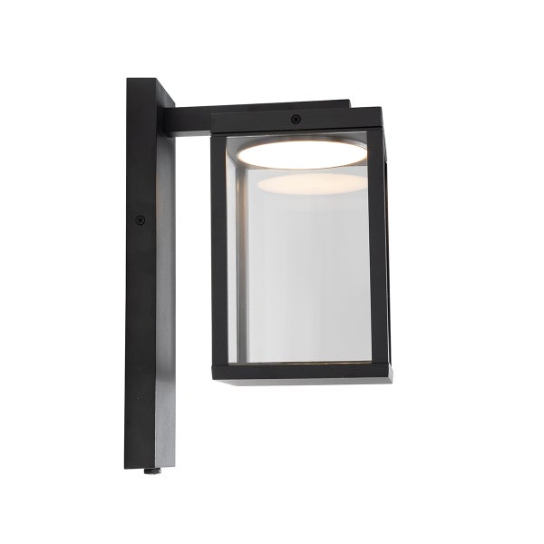 Schwarze Außenwandleuchte in rechteckiger Laternenform aus Metall und klarem Glas.