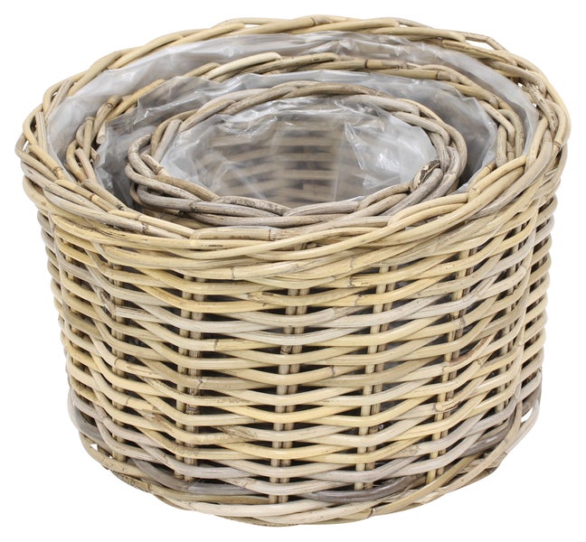 FRANK FLECHTWAREN | Pflanzkorb Rattan, 3er Set, Ø 26 x 17 cm, Ø 32 x 19 cm, Ø 40 x 23 cm, RATTAN, FOLIE