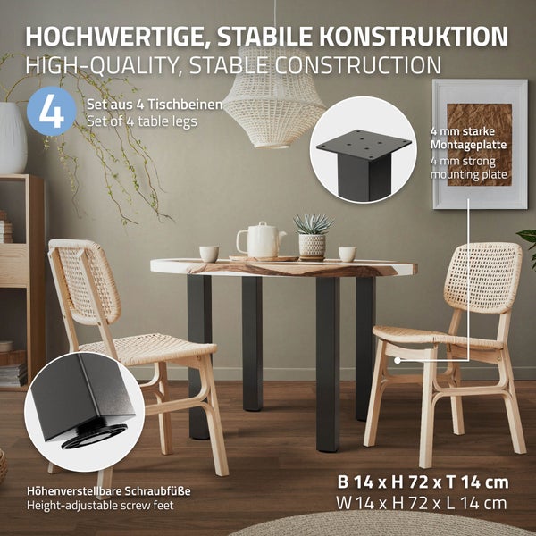 ML-Design 4er Set Tischbeine I-Design 72 cm, Dunkelgrau Optik Industrial, pulverbeschichteter Stahl, Profil 8x8 cm, Höhenverstellbare Möbelfüße 1-4cm, Möbelbeine für Esstisch Schreibtisch Arbeitstisch