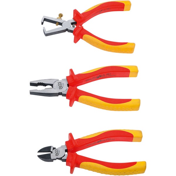 Drei BGS Technic Zangen: Abisolierzange, Kombizange und Seitenschneider