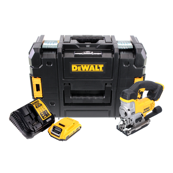 DeWalt Akku-Stichsägen-Set inklusive Akku, Ladegerät und TSTAK Werkzeugkoffer.