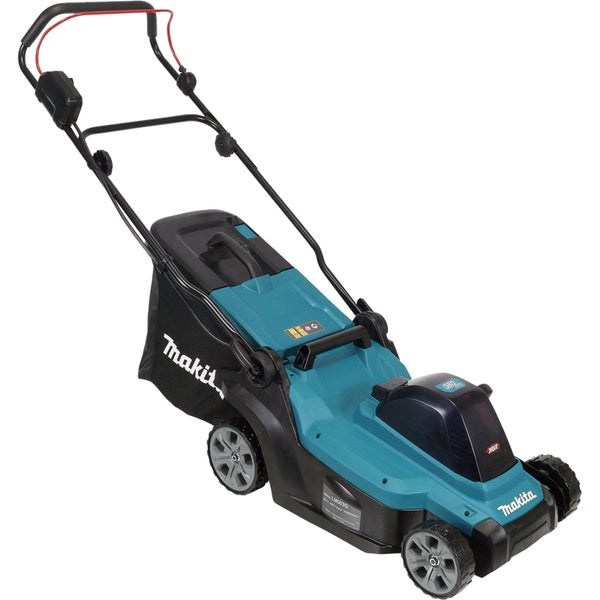 Makita Akkumulator-Rasenmäher mit Grasfangsack, Gehäuse in Türkis und Schwarz, vier Räder und ergonomischer Griff.