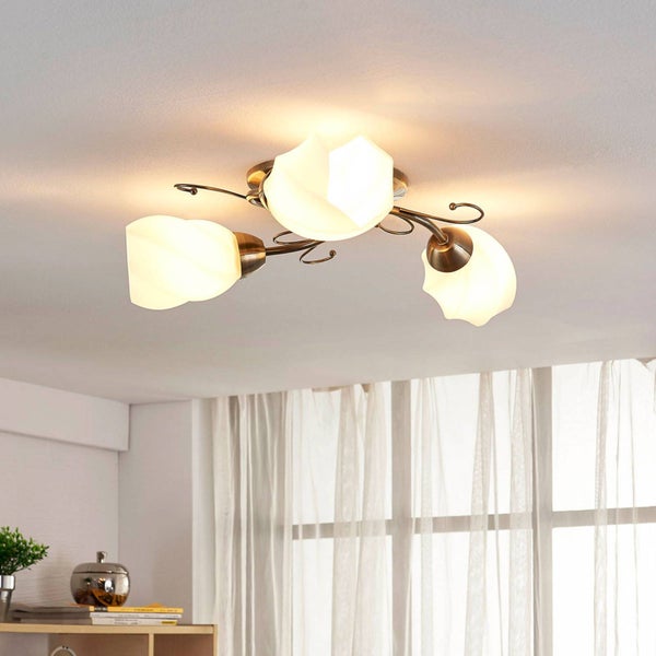 Lindby Deckenlampe romantisch, Deckenstrahler Glas Metall altmessing Landhaus 3x E14 ohne Leuchtmittel Deckenleuchte Küche Wohnzimmer Esszimmer