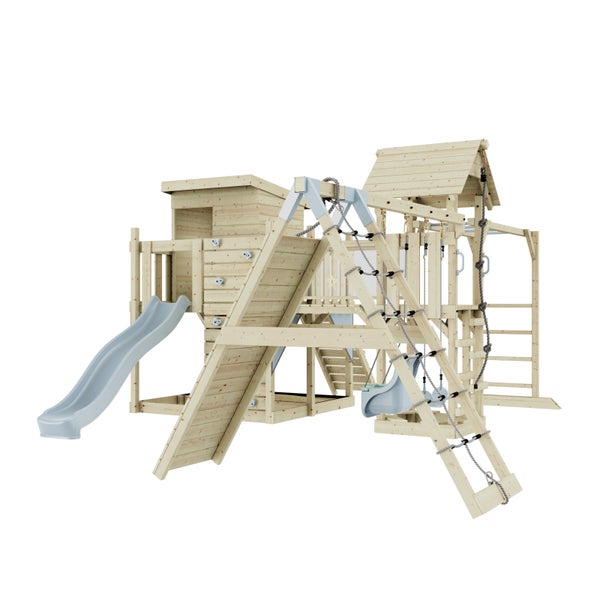 Spielturm mit Rutsche, Kletterwand, Schaukel und Strickleiter