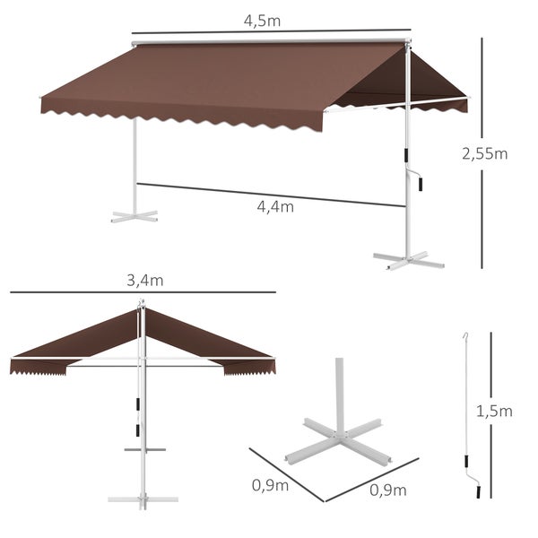 Outsunny Standmarkise, mit Handkurbel, Ausziehbare Terrassenüberdachung, Verstellbar Sonnenschutz für Garten, Balkon, 4,5 x 3,4 m, Polyester, Kaffee
