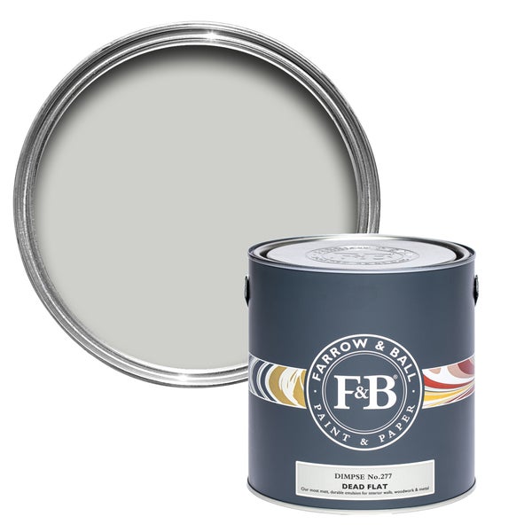 Farbeimer mit geöffnetem Deckel der Marke Farrow and Ball, Farbton Dimple No. 277, Dead Flat