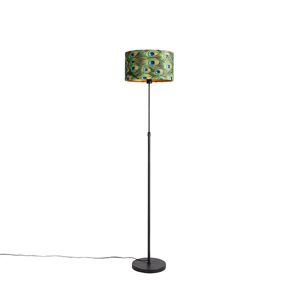 QAZQA - Klassisch I Antik Schwarze Stehlampe mit Veloursschirm Pfau mit Gold I Messing 35 cm - Parte I Wohnzimmer I Schlafzimmer - Stahl Zylinder I Länglich I Rund - LED geeignet E27