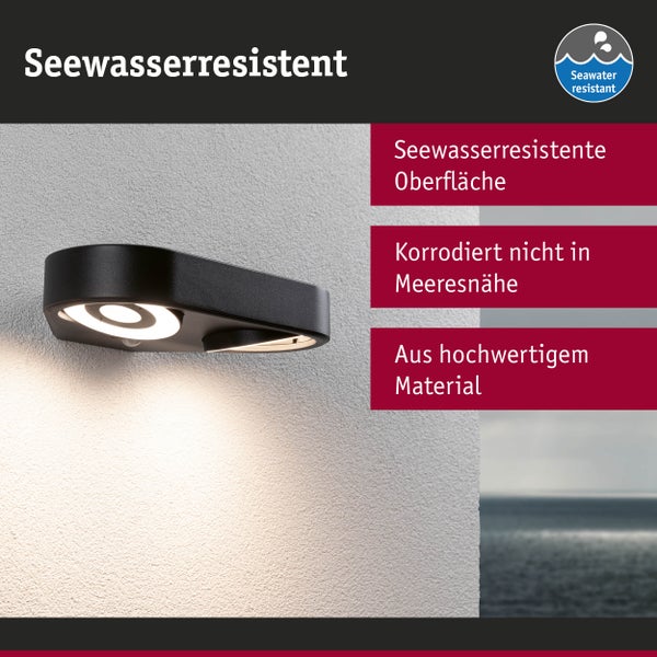 Schwarze Außenwandleuchte, seewasserresistent, korrosionsbeständig in Meeresnähe, aus hochwertigem Material.