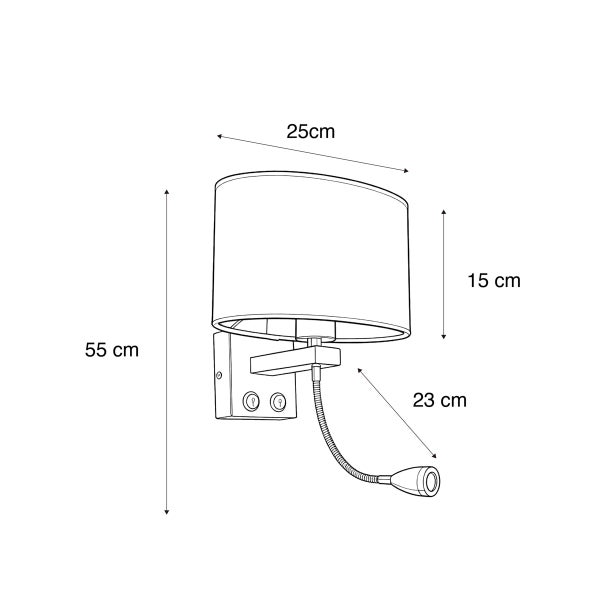 Technische Zeichnung einer Wandleuchte mit den Maßen: 25 cm breit, 15 cm hoch und 55 cm Gesamthöhe sowie einem 23 cm langen flexiblen Arm.