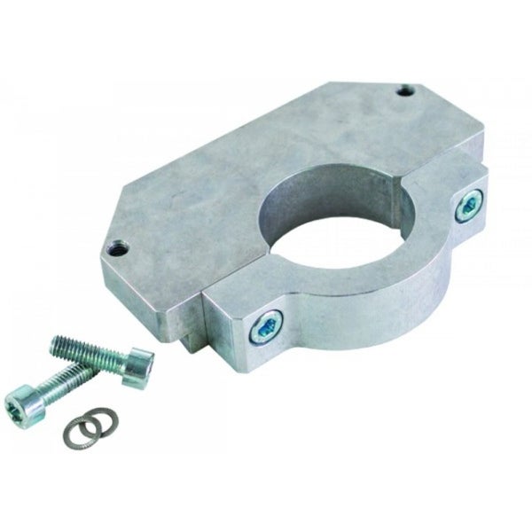 Zweiteilige Metallhalterung mit Innensechskantschrauben und Unterlegscheiben.