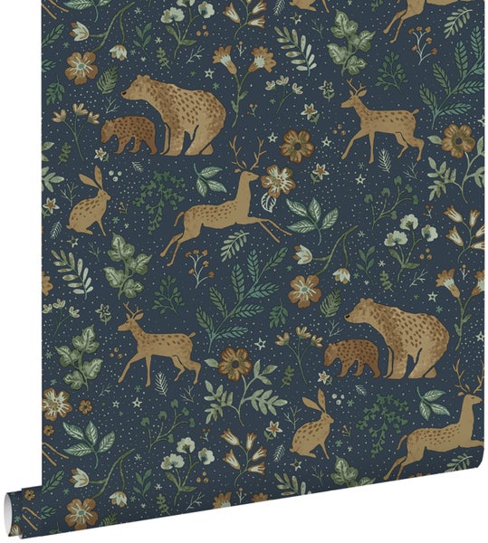 ESTAhome Tapete Wald mit Waldtieren Dunkelblau und Beige - 53 cm x 10.05 m - 139588