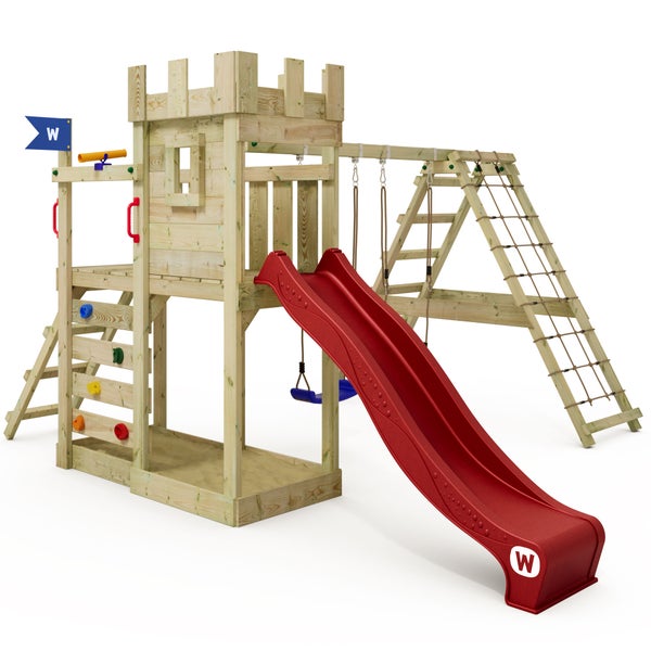 WICKEY Spielturm GateFlyer mit Kletteranbau, Doppelschaukel und Rutsche - rot