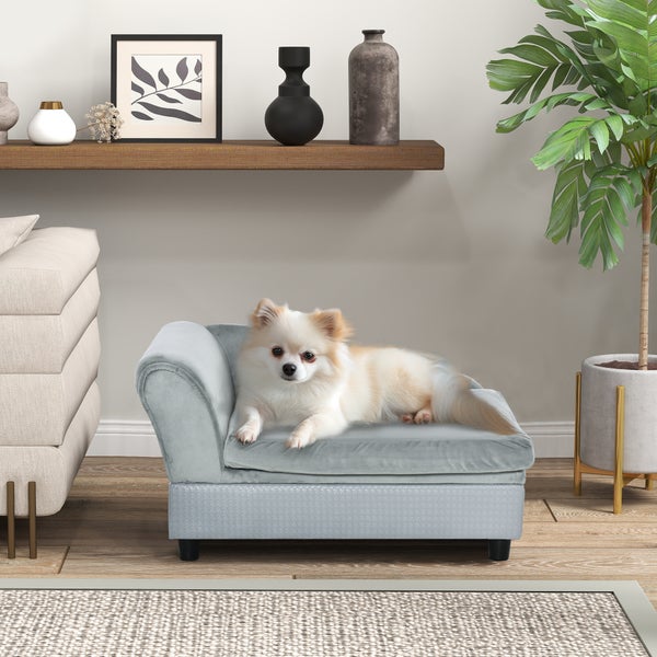 PawHut Haustiersofa mit Matte, Hundebett, Hundematte, Hundesofa mit Lagerraum, Naturholz+Plüsch, Hellgrau, 76 x 45 x 43 cm