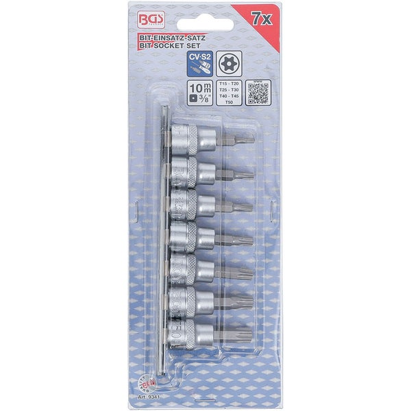BGS Bit-Einsatz-Satz Antrieb Innenvierkant 10 mm (3/8) T-Profil (für Torx) mit Bohrung T15 - T50 7tlg. - 9341