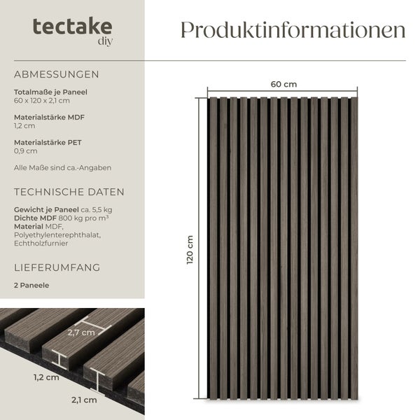 Produktinformationen zu Wandpaneelen mit Maßen und Materialangaben