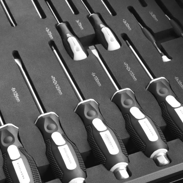 Sortiment verschiedener Schraubendreher im Werkzeugkasten