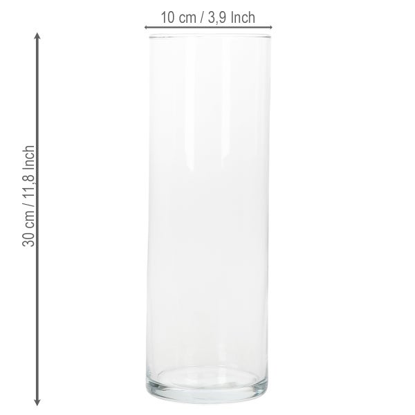 Zylindrische Glasvase, Höhe 30 Zentimeter oder 11,8 Zoll, Durchmesser 10 Zentimeter oder 3,9 Zoll.