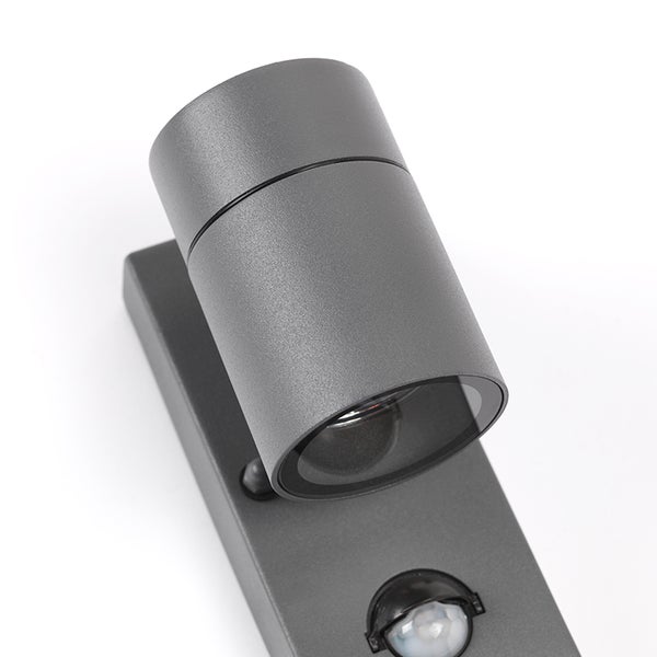 Außenwandleuchte mit verstellbarem zylindrischem Strahler und Bewegungsmelder, grau.