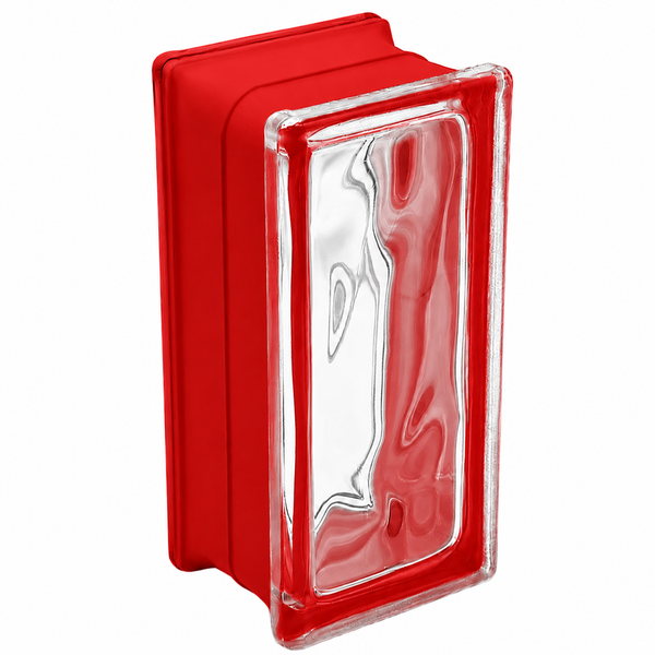 Roter Glasbaustein im Halbformat, rechteckig, mit Wellenstruktur, für Wandgestaltungen in Innen- und Außenbereichen.