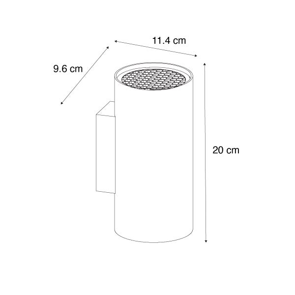 Abmessungen einer Wandleuchte: 9,6 cm breit, 11,4 cm tief und 20 cm hoch.