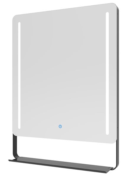 Rechteckiger Badezimmerspiegel mit integrierter LED Beleuchtung und Touch Schalter auf einem Standfuß mit Ablagefläche