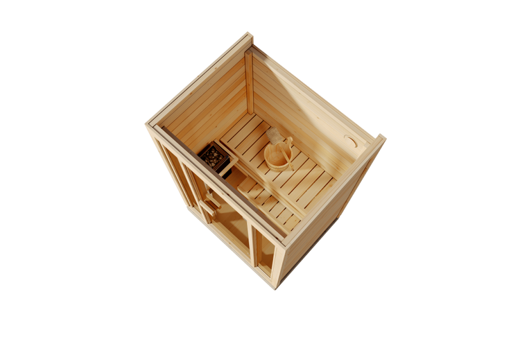 Innenkabine-Sauna aus Holz mit Ofen, Eimer, Kelle und Glastür in der Draufsicht.