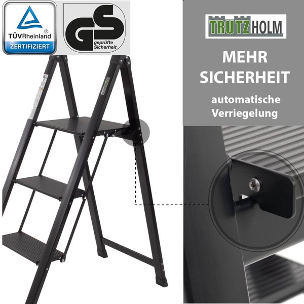 TrutzHolm Logo. Aluminium Leiter mit drei Stufen und TÜV Rheinland zertifiziert Siegel und Geprüfte Sicherheit Siegel.
