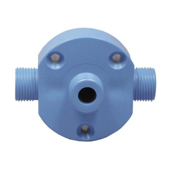 Blaue Bohrmaschinenpumpe aus Kunststoff mit Gewindeanschlüssen und Montagelöchern.