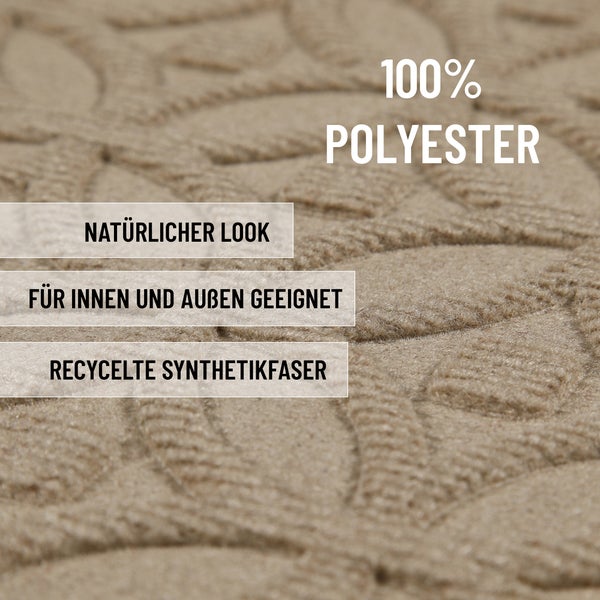 Nahaufnahme eines Teppichs aus 100 Prozent recycelter Synthetikfaser für den Innenbereich und Außenbereich mit natürlicher Optik.