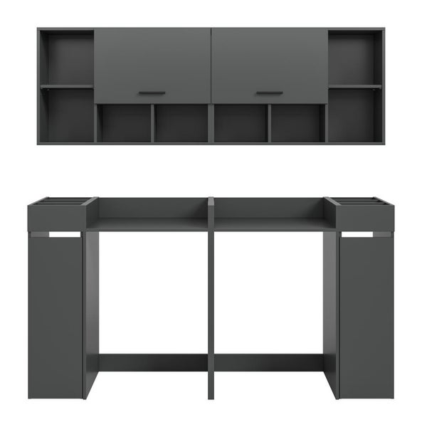 Wandregal und Schreibtischkombination in modernem Design mit offenen Ablagefächern und verschlossenen Schranktüren