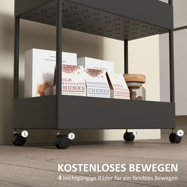 HOMCOM Rollwagen, Küchenwagen mit 4 Ebenen, Aufbewahrungsregal mit Rollen, Servierwagen mit Bremsen, Küchenregal für Schlafzimmer, Küche, Wohnzimmer, Kunststoff, Schwarz, 40 x 19 x 90 cm